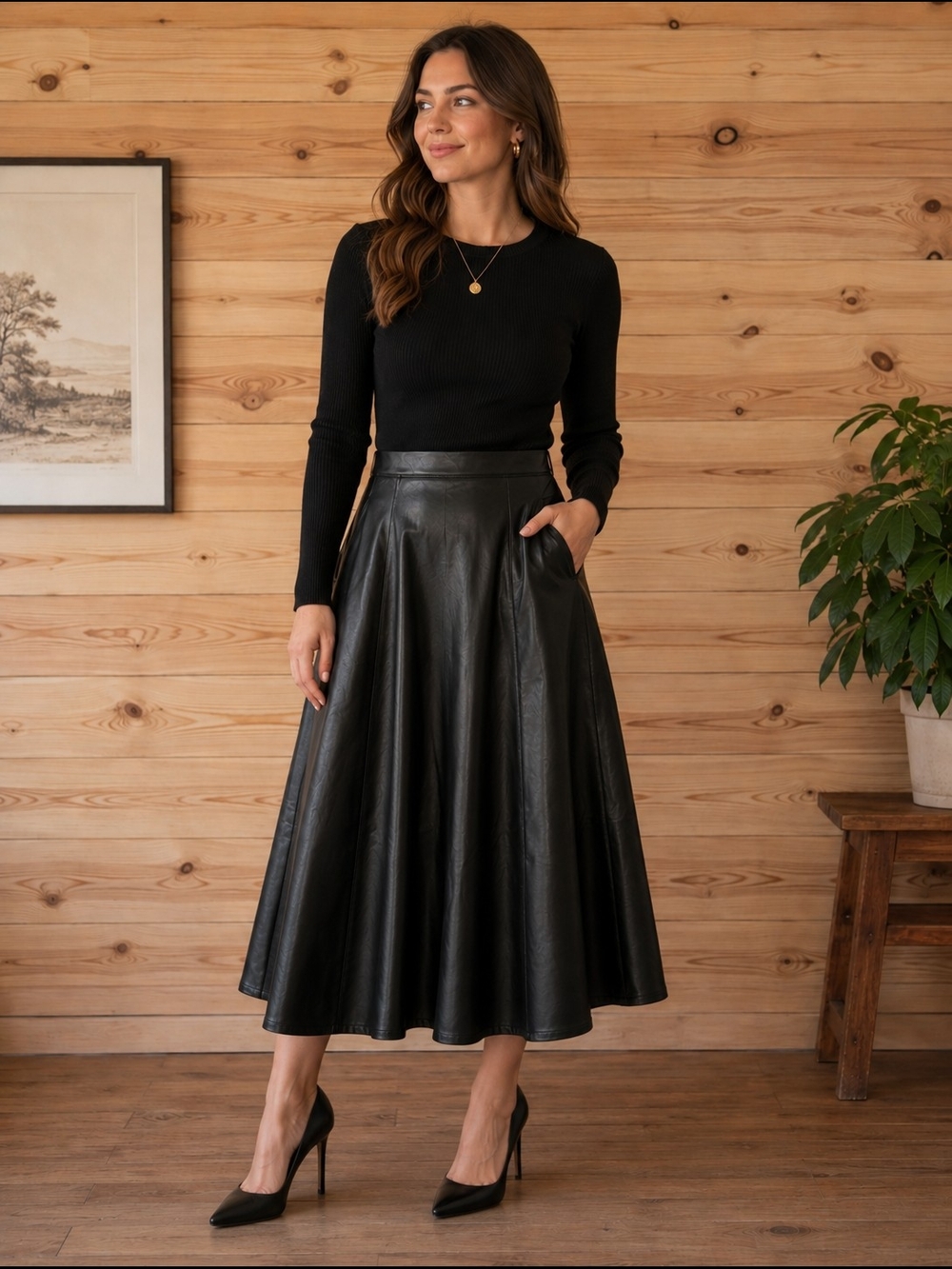 HALARA Black Faux Leather A-Line Midi Skirt